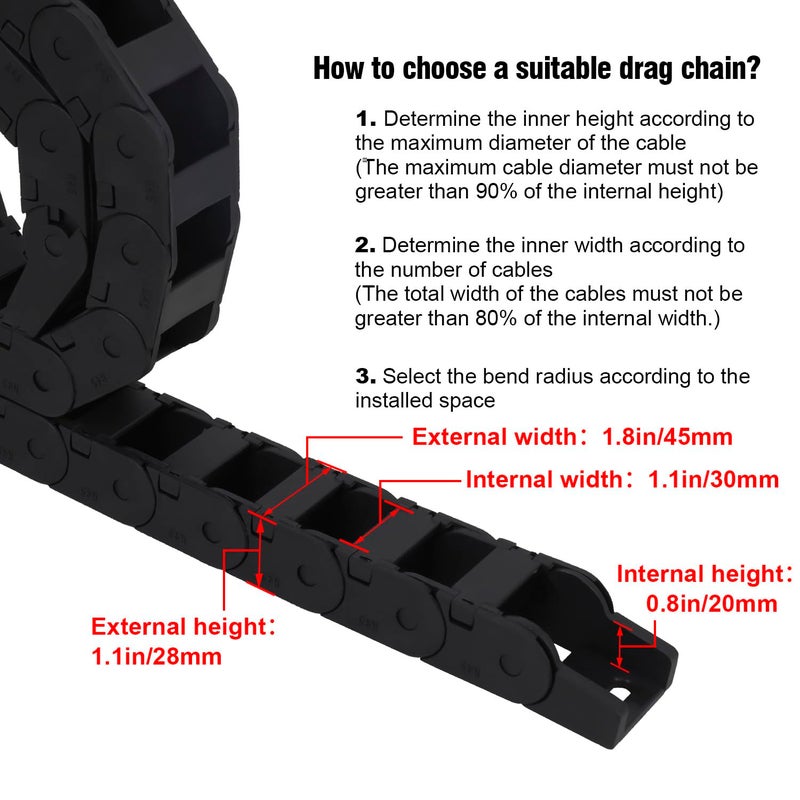 LMioEtool R45 20mm x 30mm(Inner H x Inner W) Black Plastic Cable Wire Carrier Drag Chain 1M Length for CNC, with End Connectors - Bridge Type (Inner Side openable) - Image 3